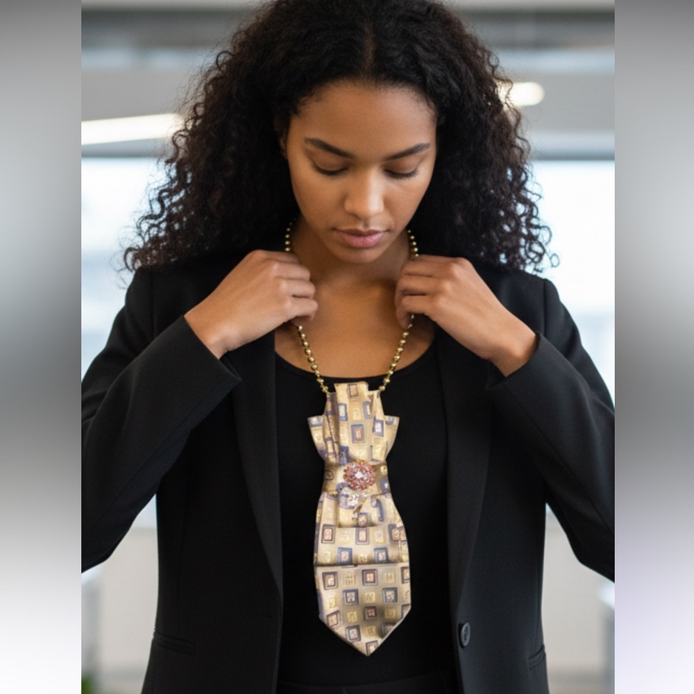 “Dainty Dapper”Golden design necktie Necklace with floral brooch